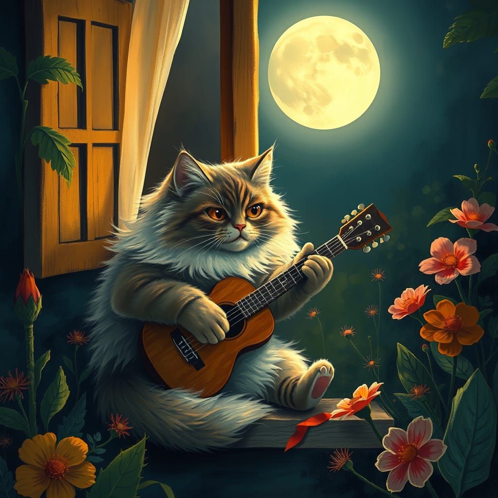 Whimsical Cat Plays Guitar Under Moonlit Window