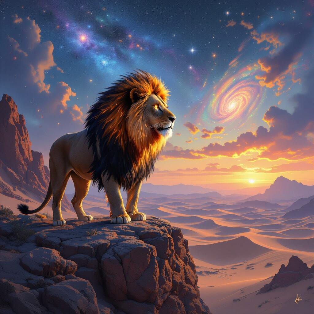 Fiery Lion Overlooking Starlit Desert, Hyperrealistic Style