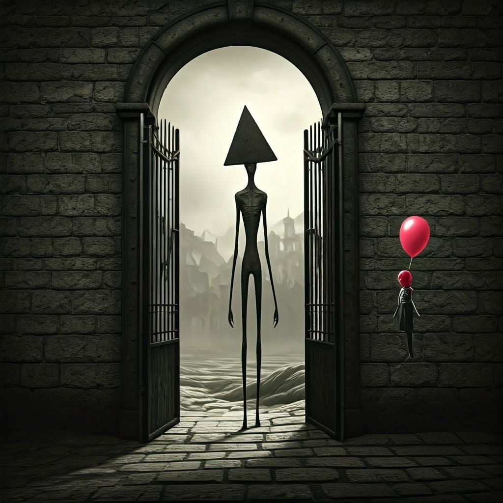 Surreal Monochromatic Scene with Figure and Balloon