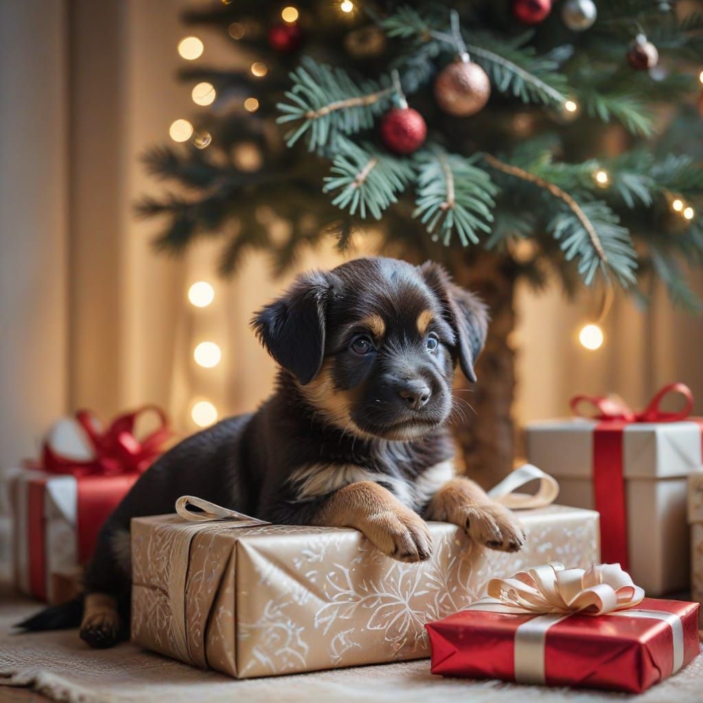 Cute Puppy and Present Under Christmas Tree