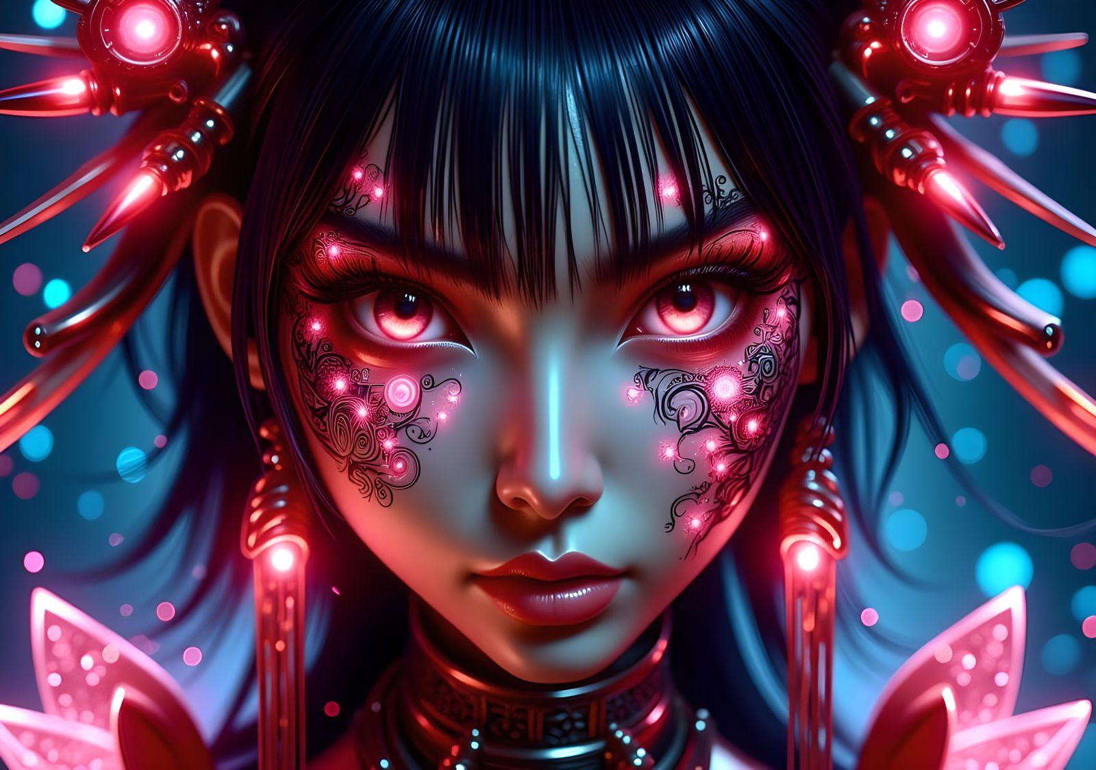 Cyberpunk Geisha Warrior with Glowing Tattoos