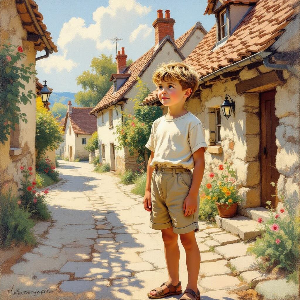 Boy Gazes Curiously in Sunlit Village Street