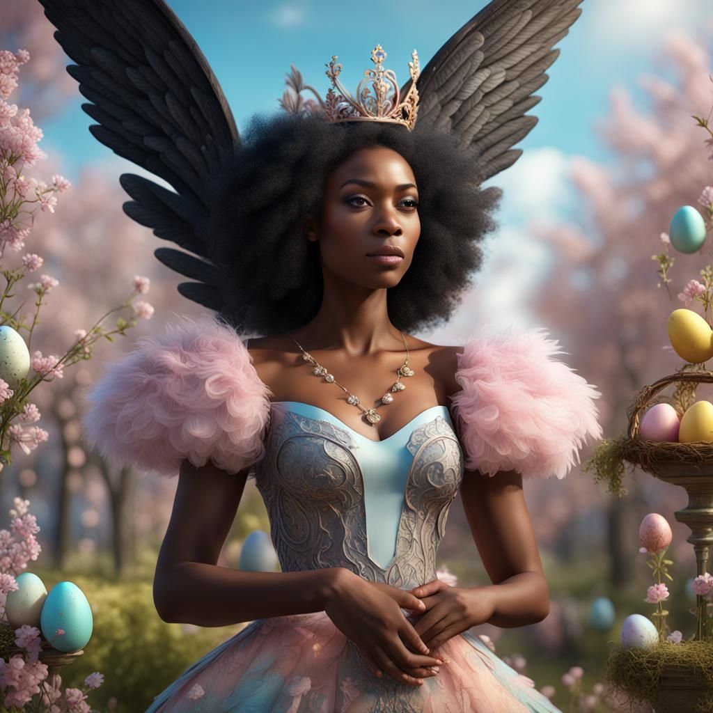 Hyperrealistic Woman with Wings in Easter World