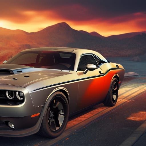 Fiery Sunset Dodge Challenger: Detailed Matte Painting