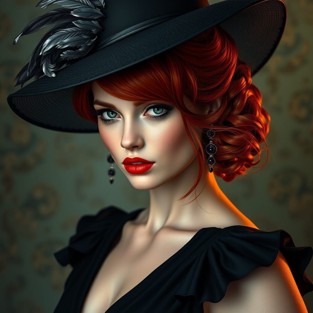 A photo of a  beautiful woman, wearing a  black hat adorned ...