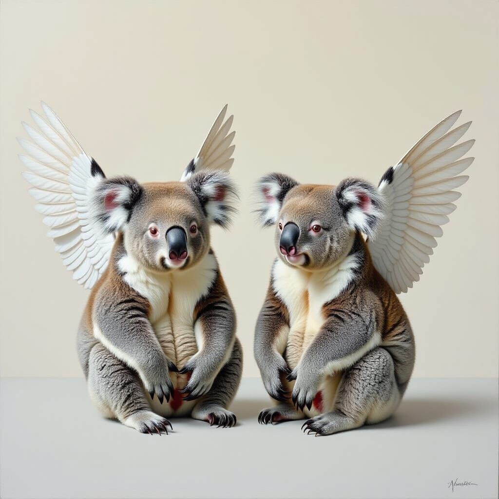 Winged and Wingless Koalas in Surrealist Oil Painting