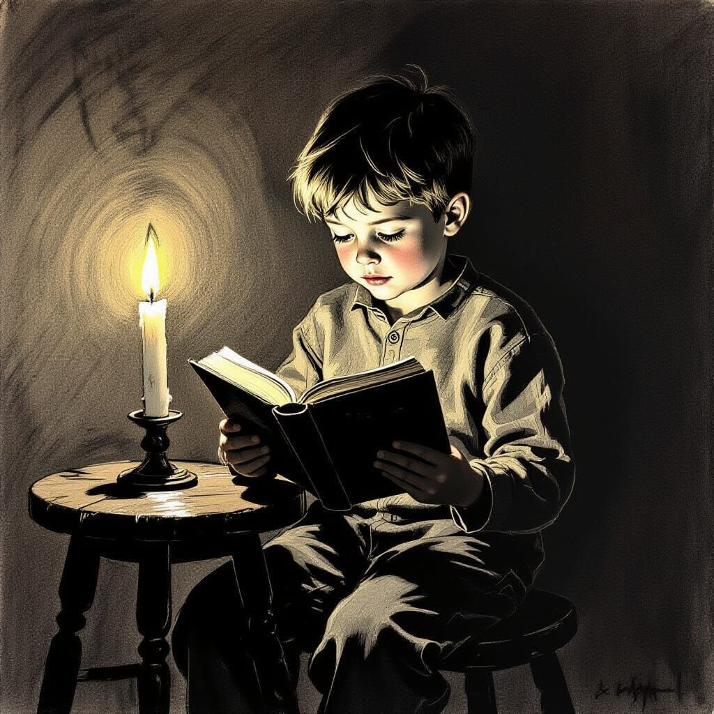Boy Reading by Candlelight Pencil Sketch