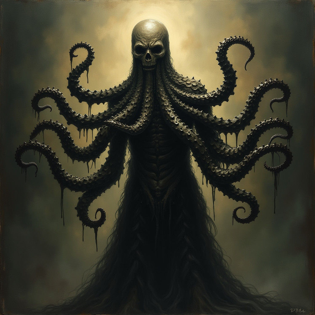 Grotesque Octopus-Humanoid Fusion in Gothic Horror Style