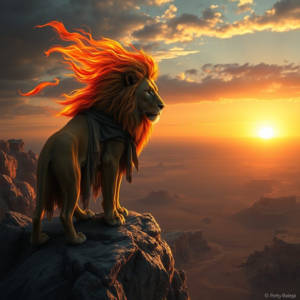 Fiery Lion Cloaked in Desert Sunset, Photorealistic Art
