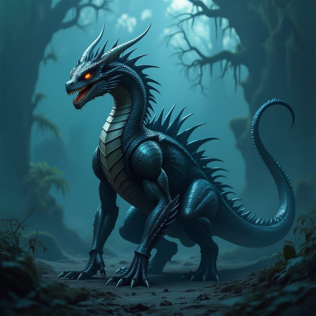 Dragon-Xenomorph Hybrid in Dark Surrealist Style