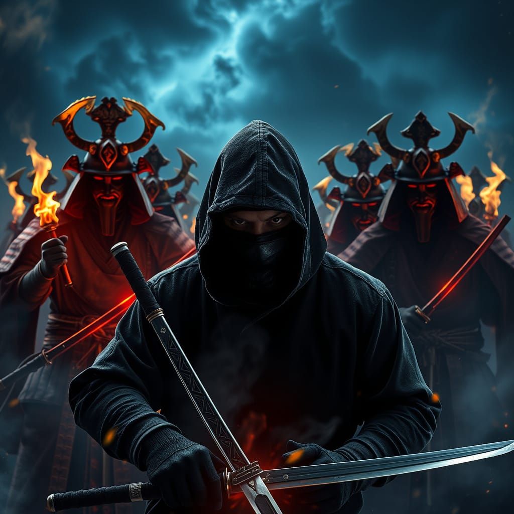 Ninja Assassin Faces Samurai Squad Under Mystical Sky