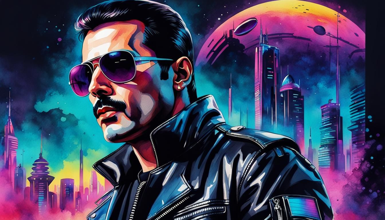 Freddie Mercury Pop Art Portrait with Synthwave Cityscape
