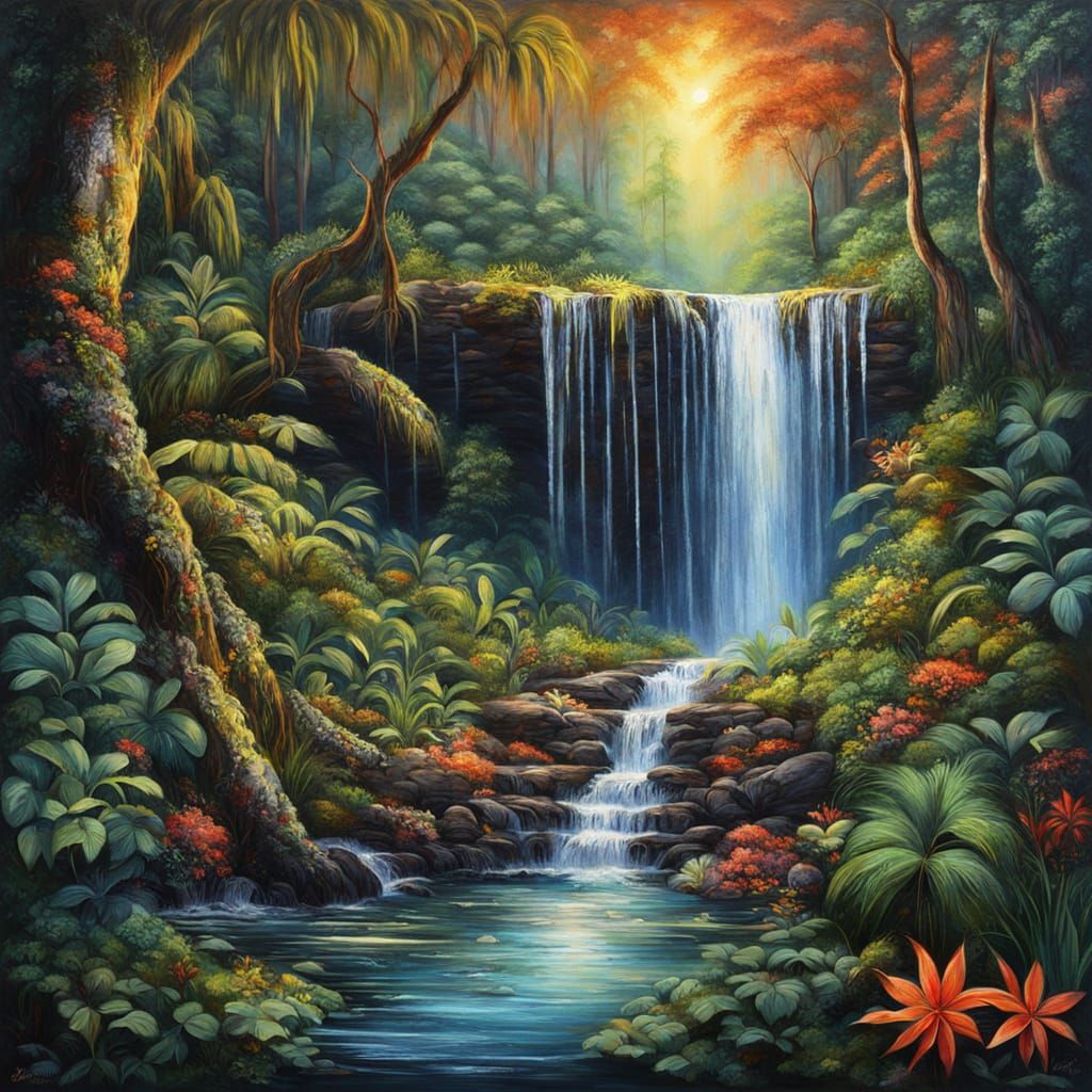 Vibrant Rainforest Waterfall with Whimsical Details