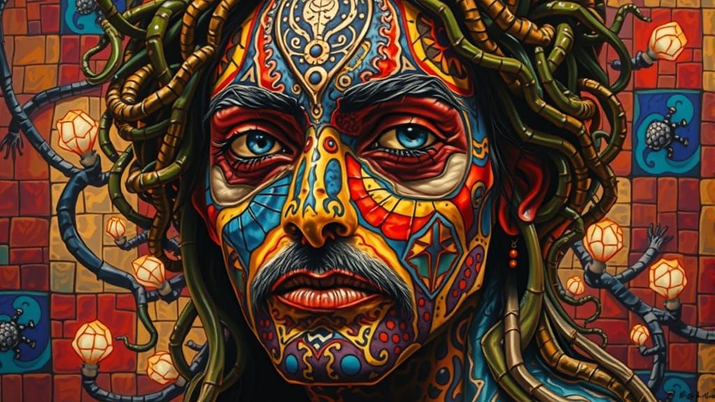 Vibrant Cryptid Warrior Portrait in Hundertwasser Style