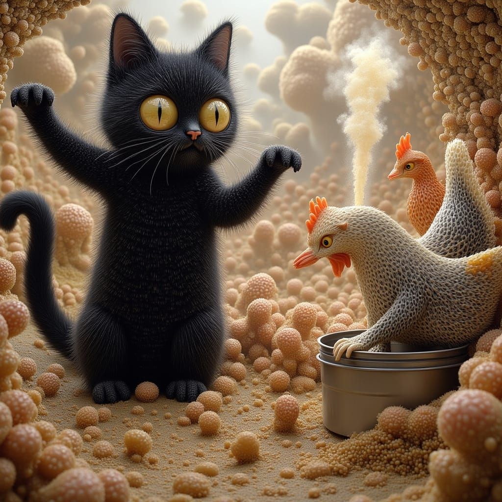 Surreal Black Cats Dancing with Chickens