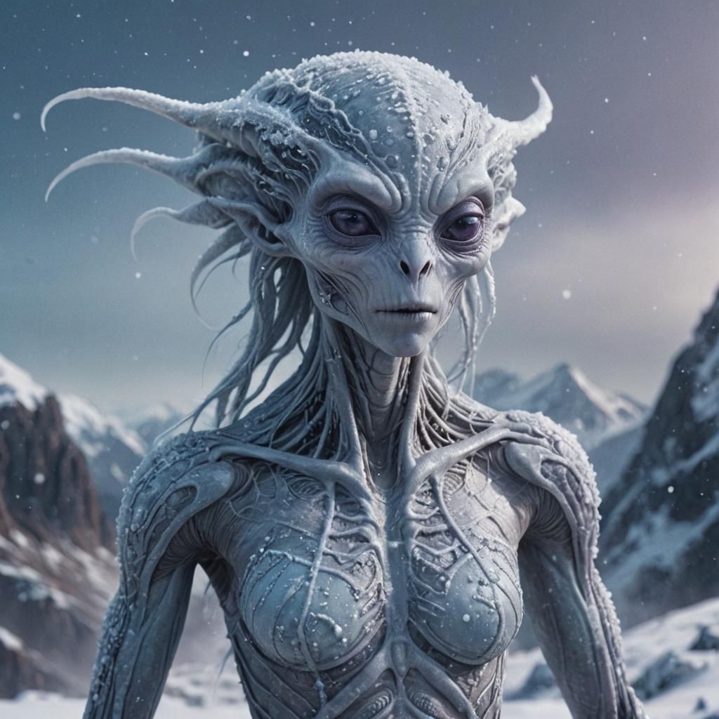 Snow Haired Alien Portrait on Misty Peak