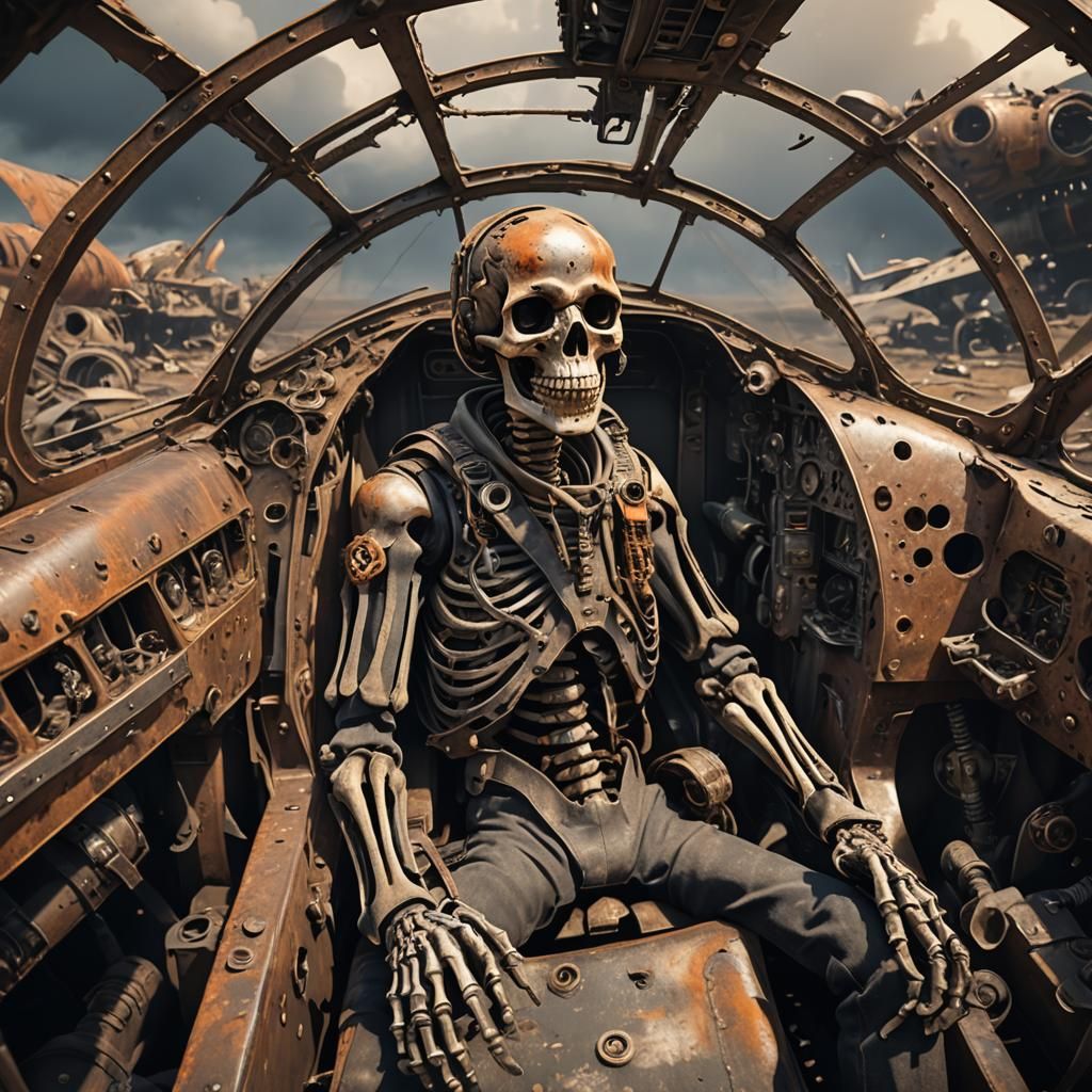 WWII Skeleton Pilot in Crashed Plane: 3D Render