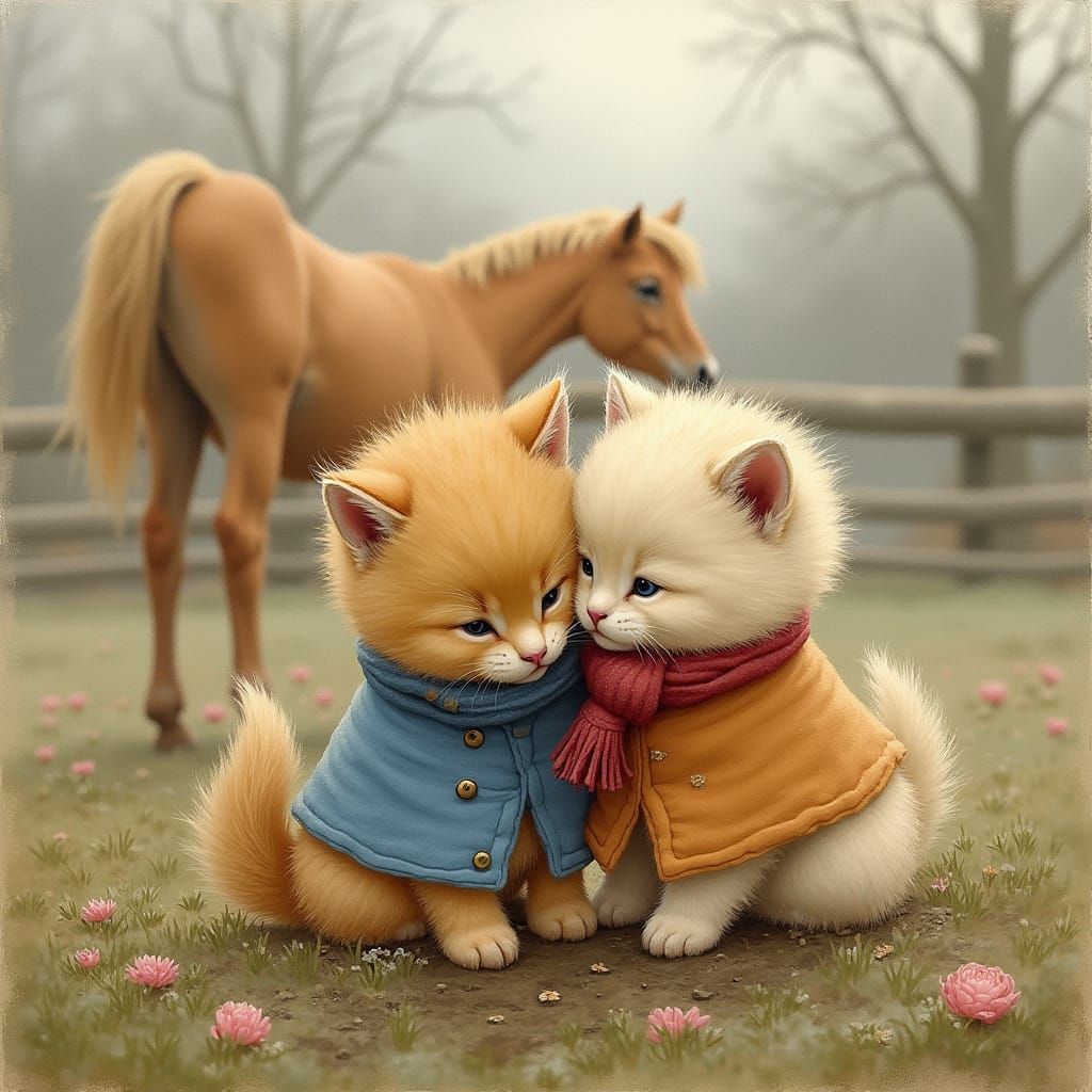 Persian Kittens Play with Palomino Foals in Winter