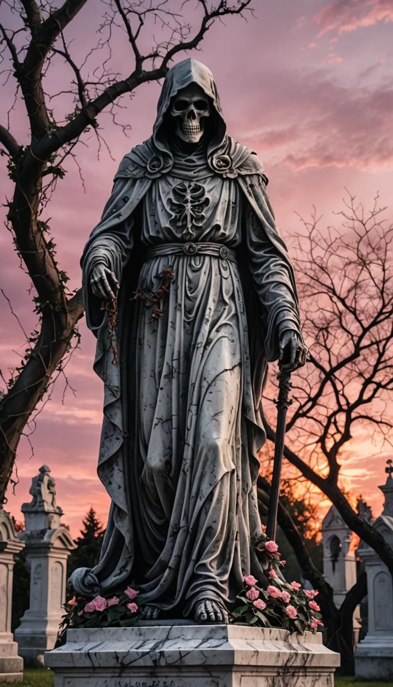 Marble Grim Reaper Statue in Graveyard at Sunset