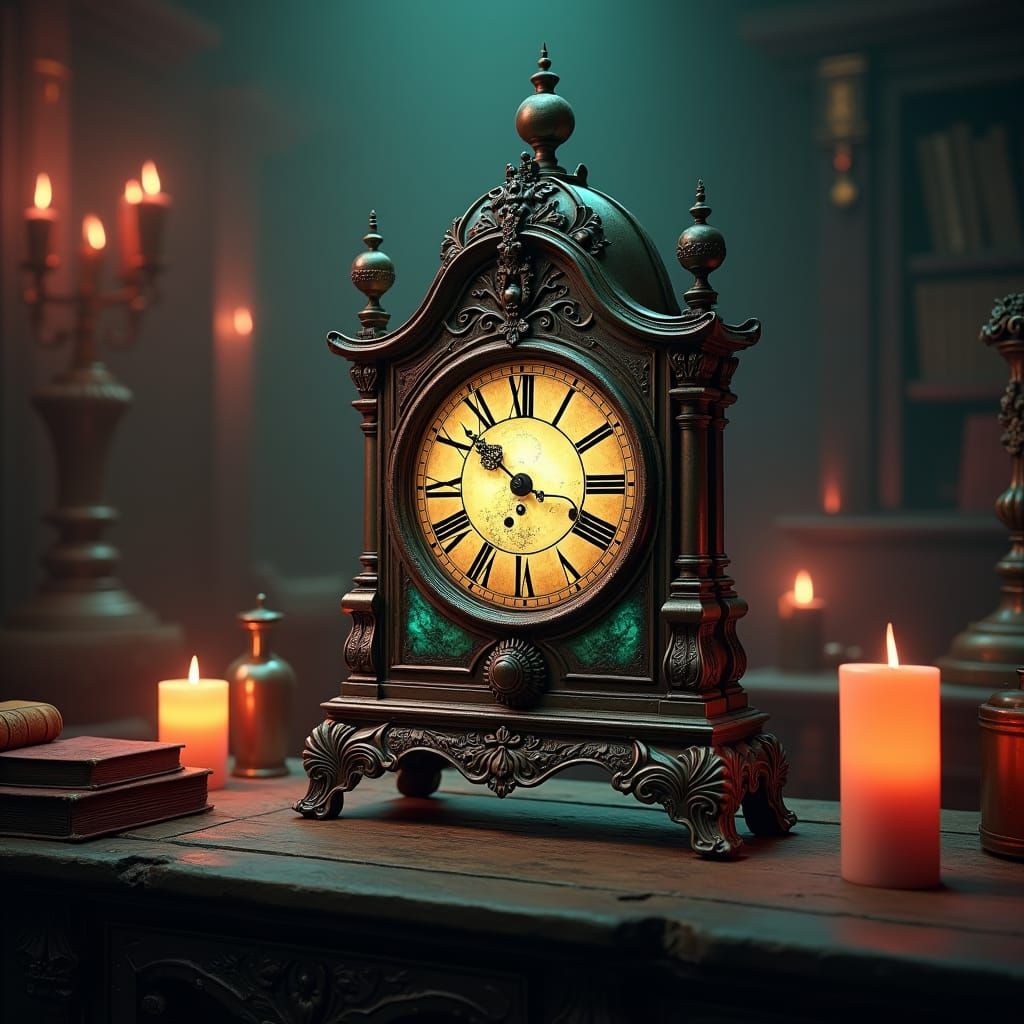 Ornate Antique Clock Rings in Mystical Chamber
