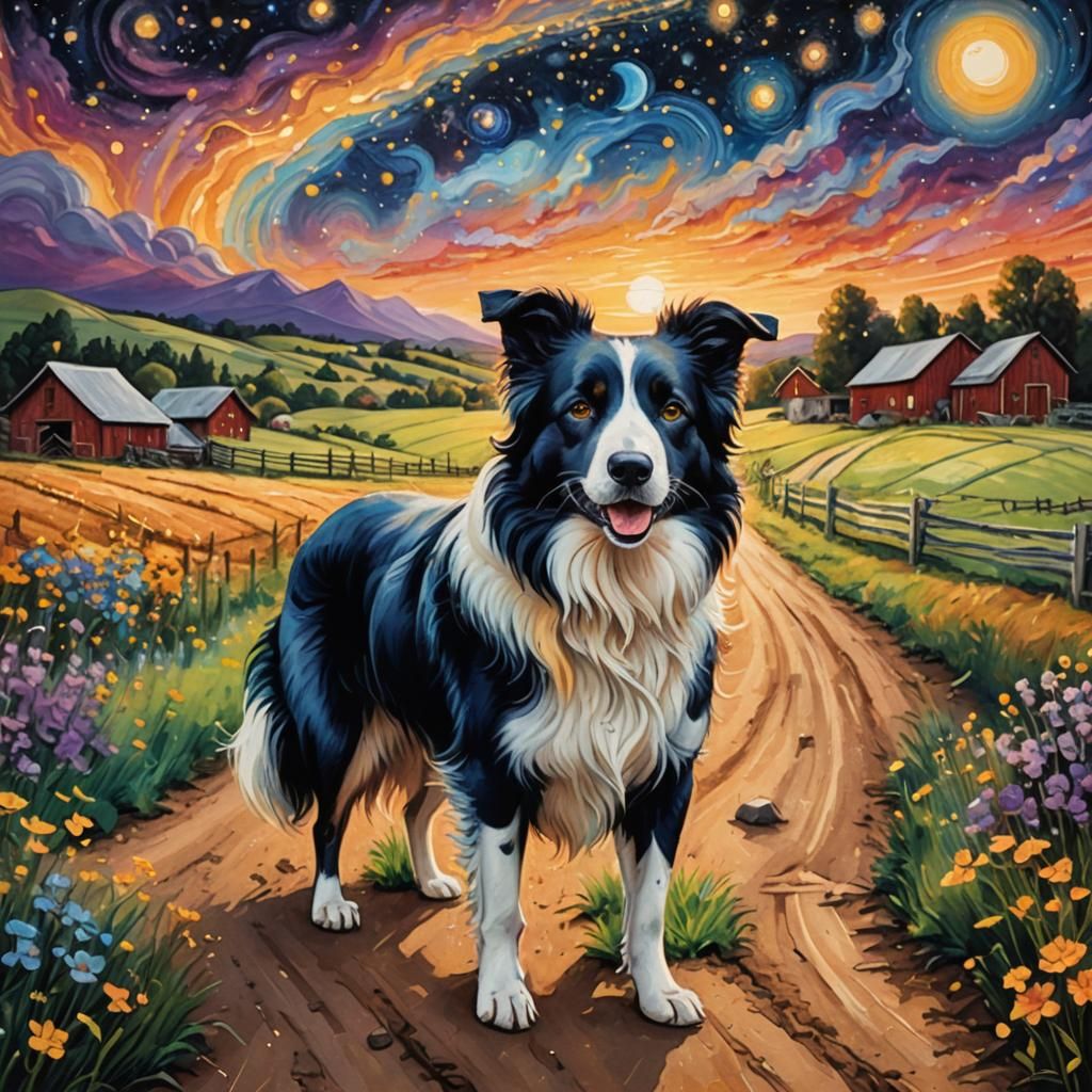 Border Collie Waits at Road in Astral Painting