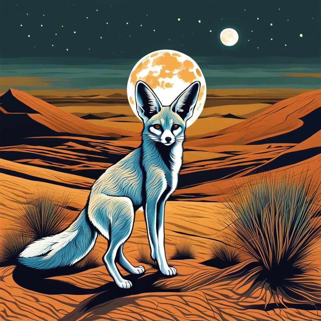 Fennec Fox Hunting Under the Moon