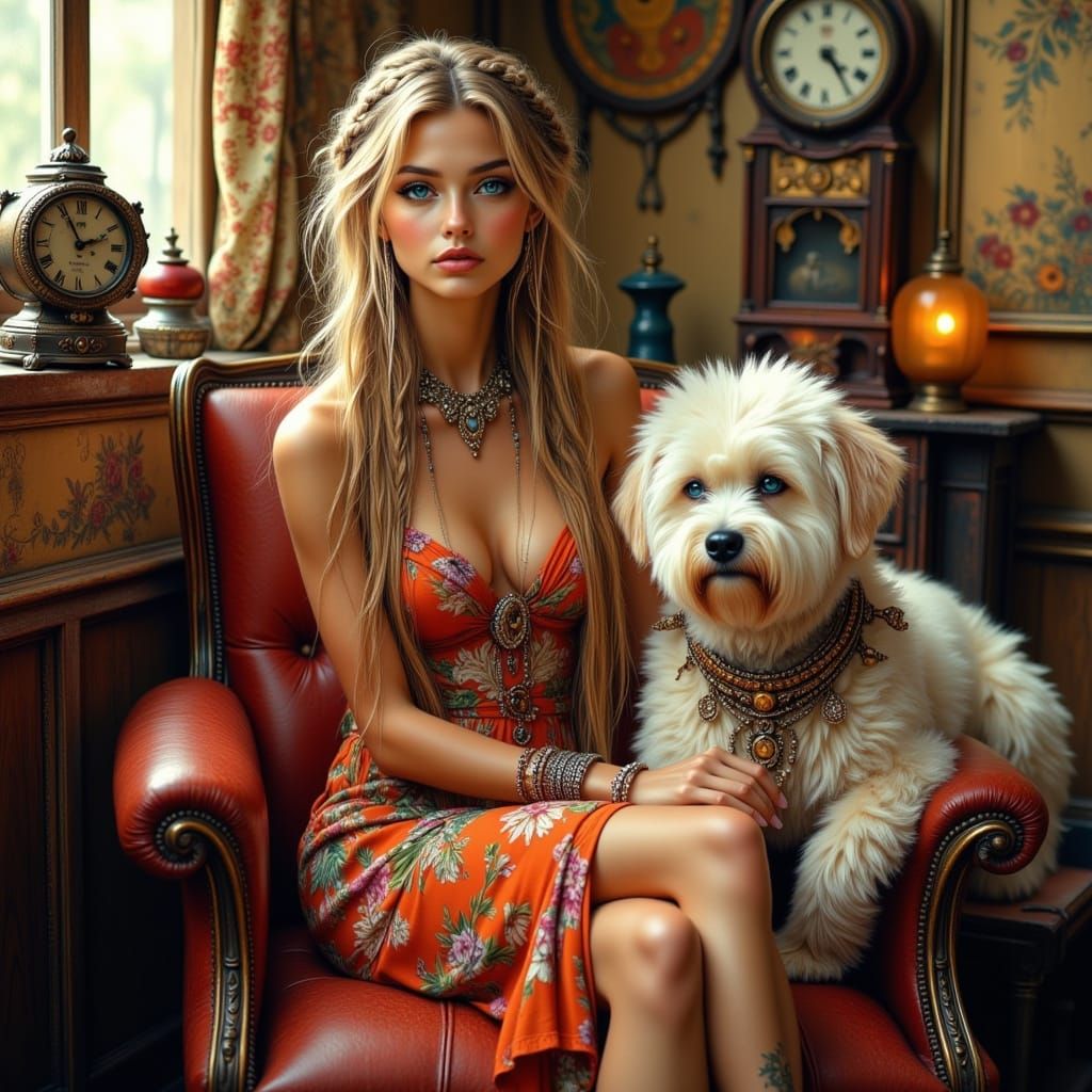Woman and Dog in Cozy Bohemian Room