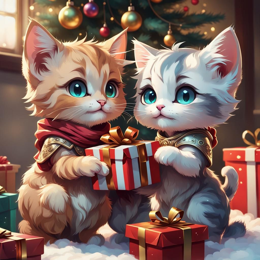 Cute cats exchanging Christmas gifts