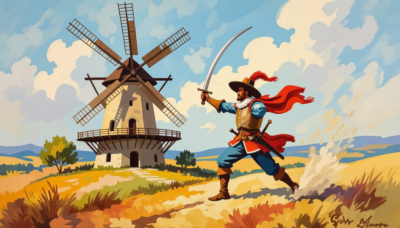 Don Quixote Windmill Attack: Impressionist Gouache Watercolo...