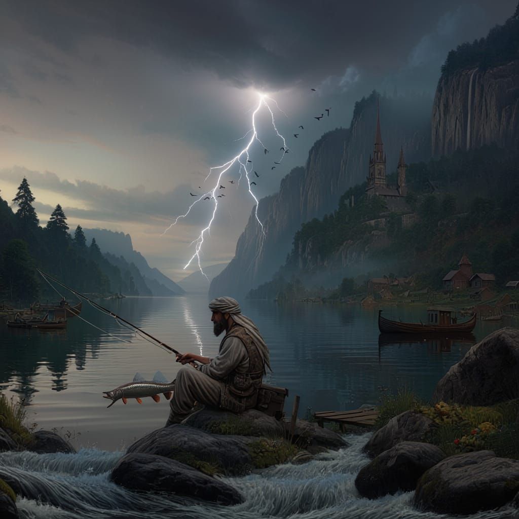 Fantasy Art of Syrian Man Fishing Zander in Sweden