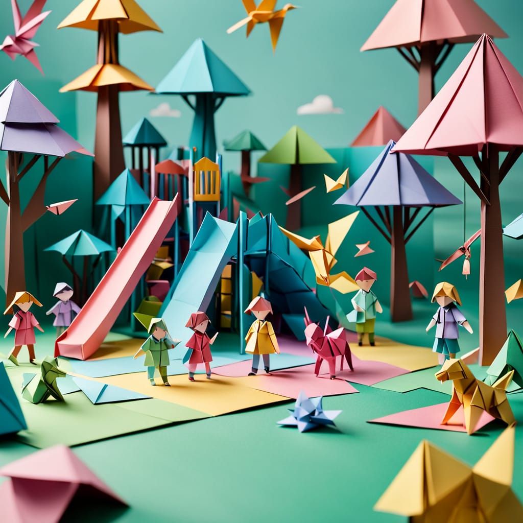 Origami Playground Art With Children in Pastel Colors
