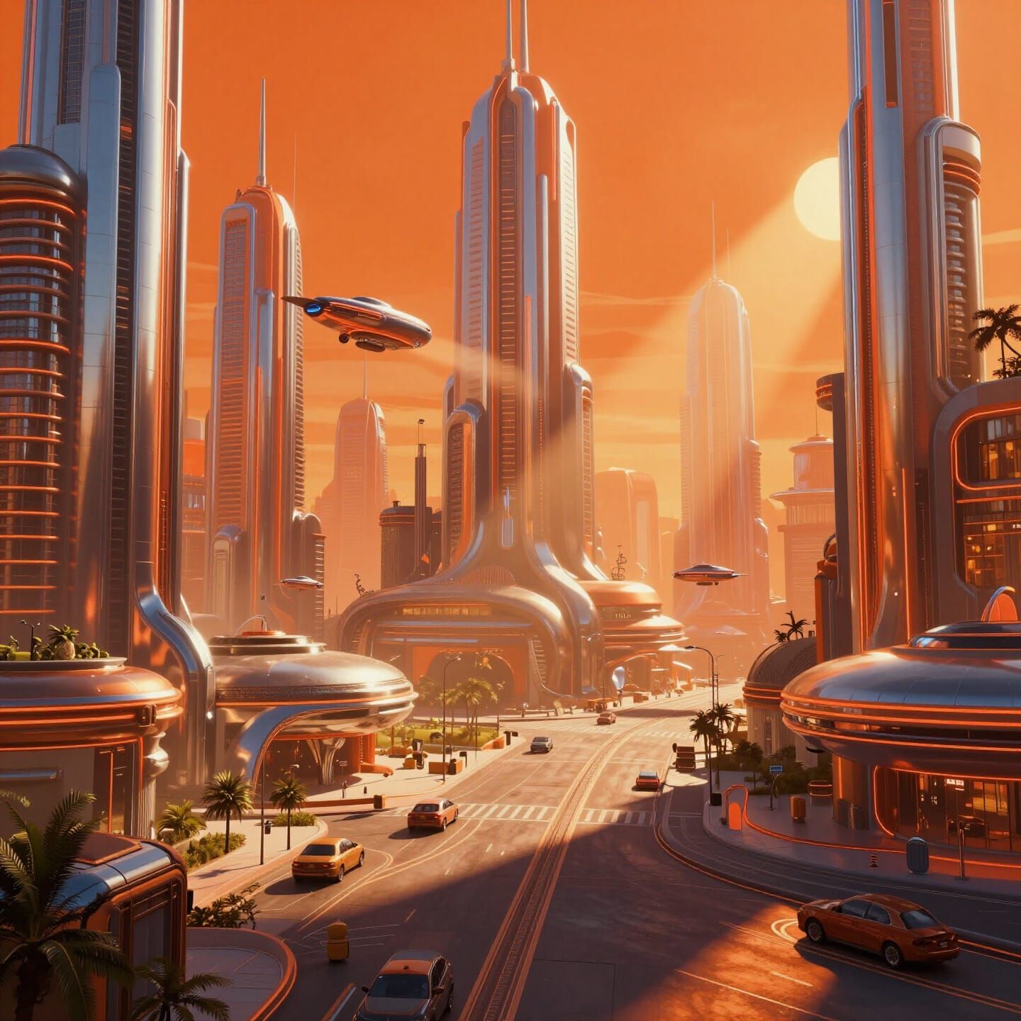Retro Futuristic Utopia in Vibrant Orange Hues