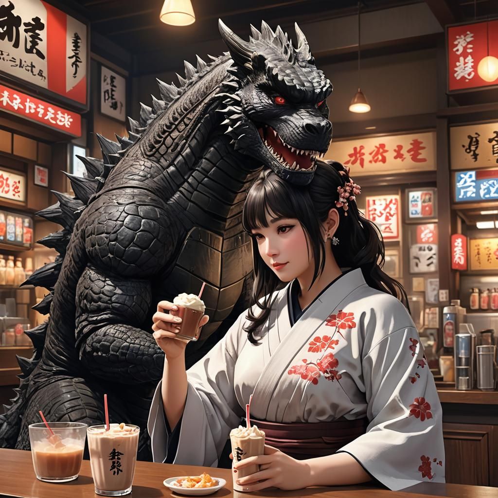 godzilla and a beautiful young female, sharing a chocolate milk shake in a japanese malt shop.