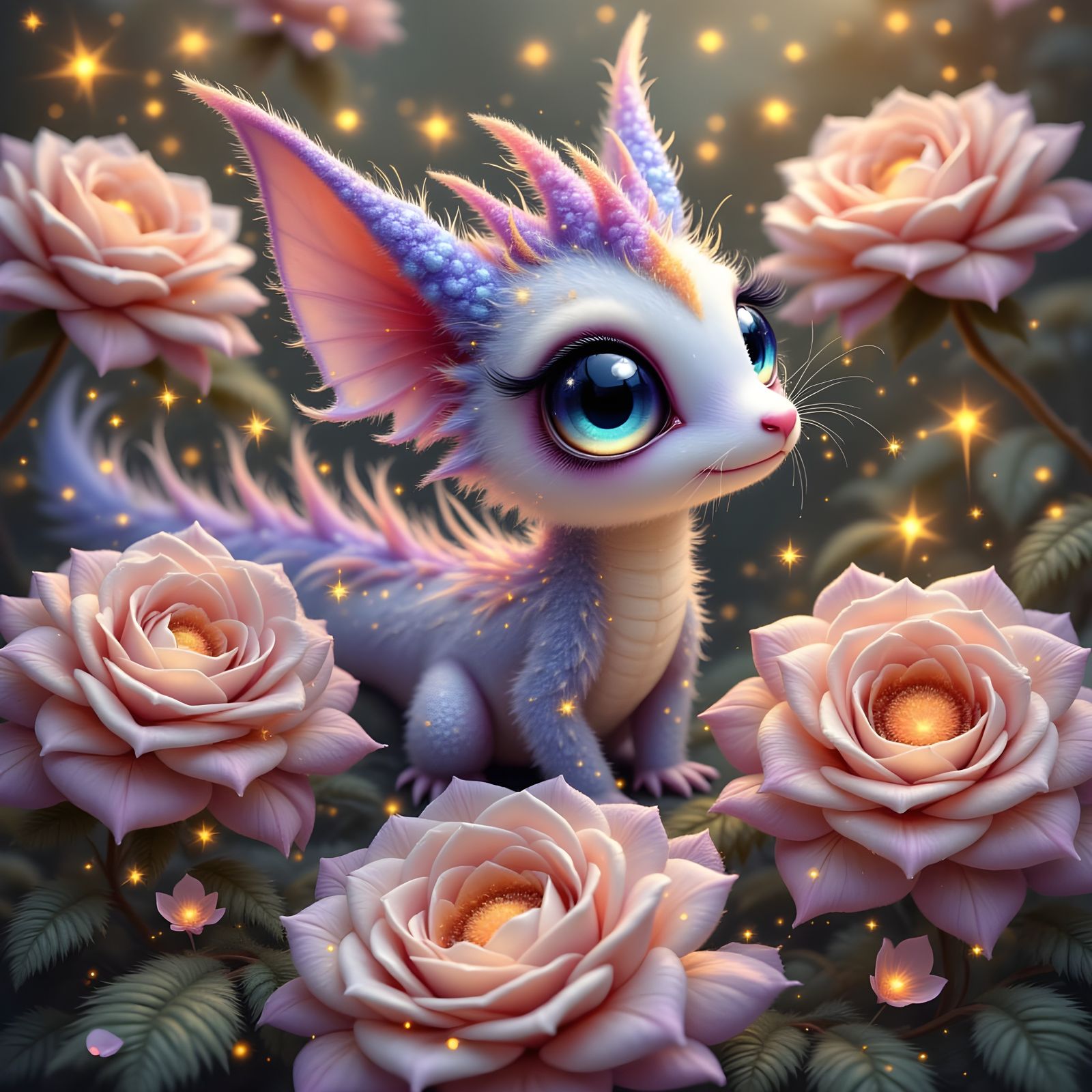 Mythical Whimsy: Spiny Glow Dragon Fox Cub in Blooming Vines