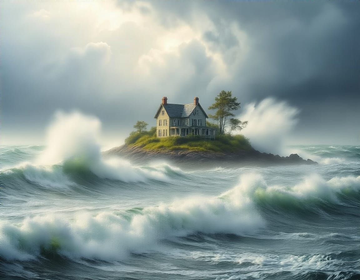 Island Home in Storm, Luminous Painting Style