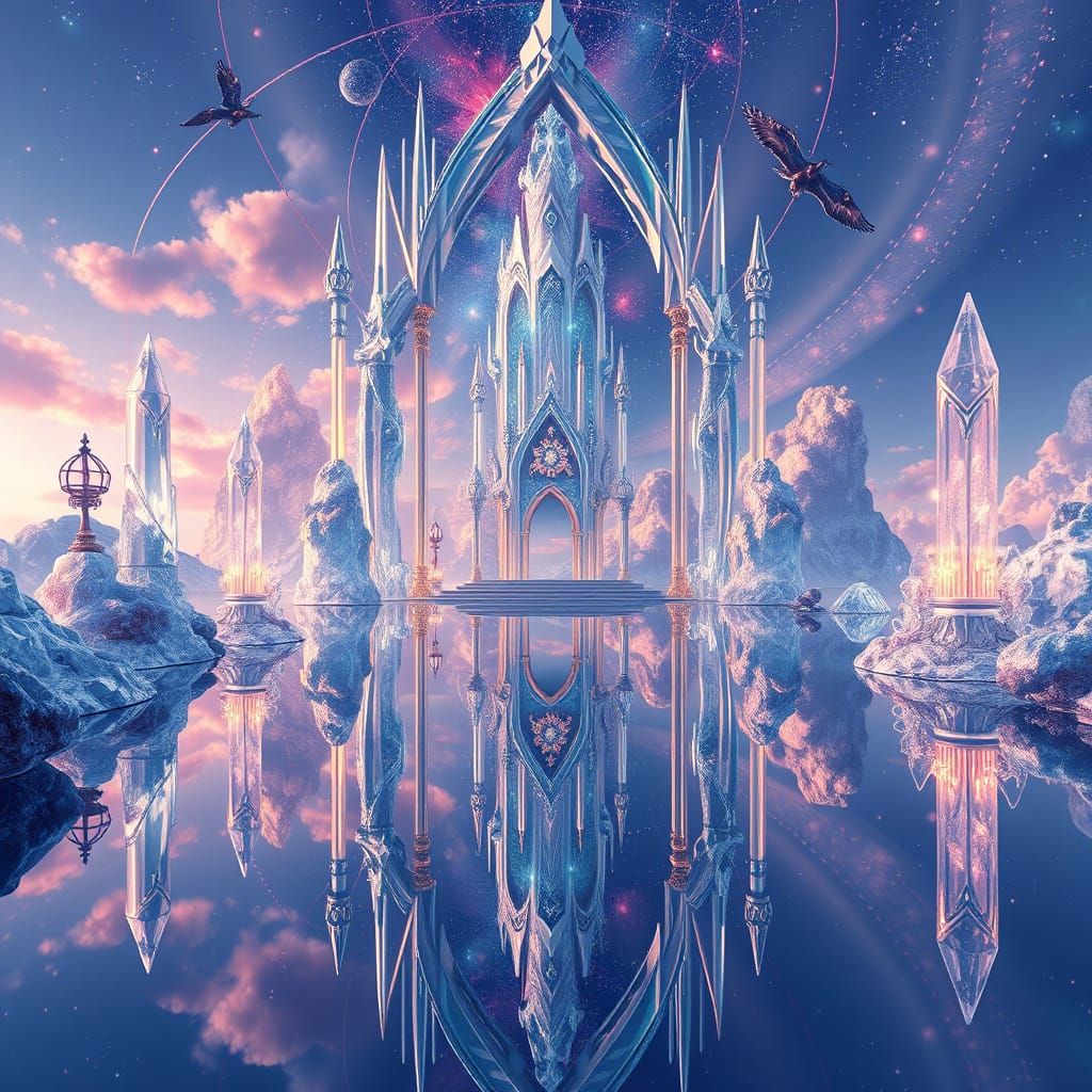 Surreal Mirror Realm of Glowing Crystals and Ethereal Archit...