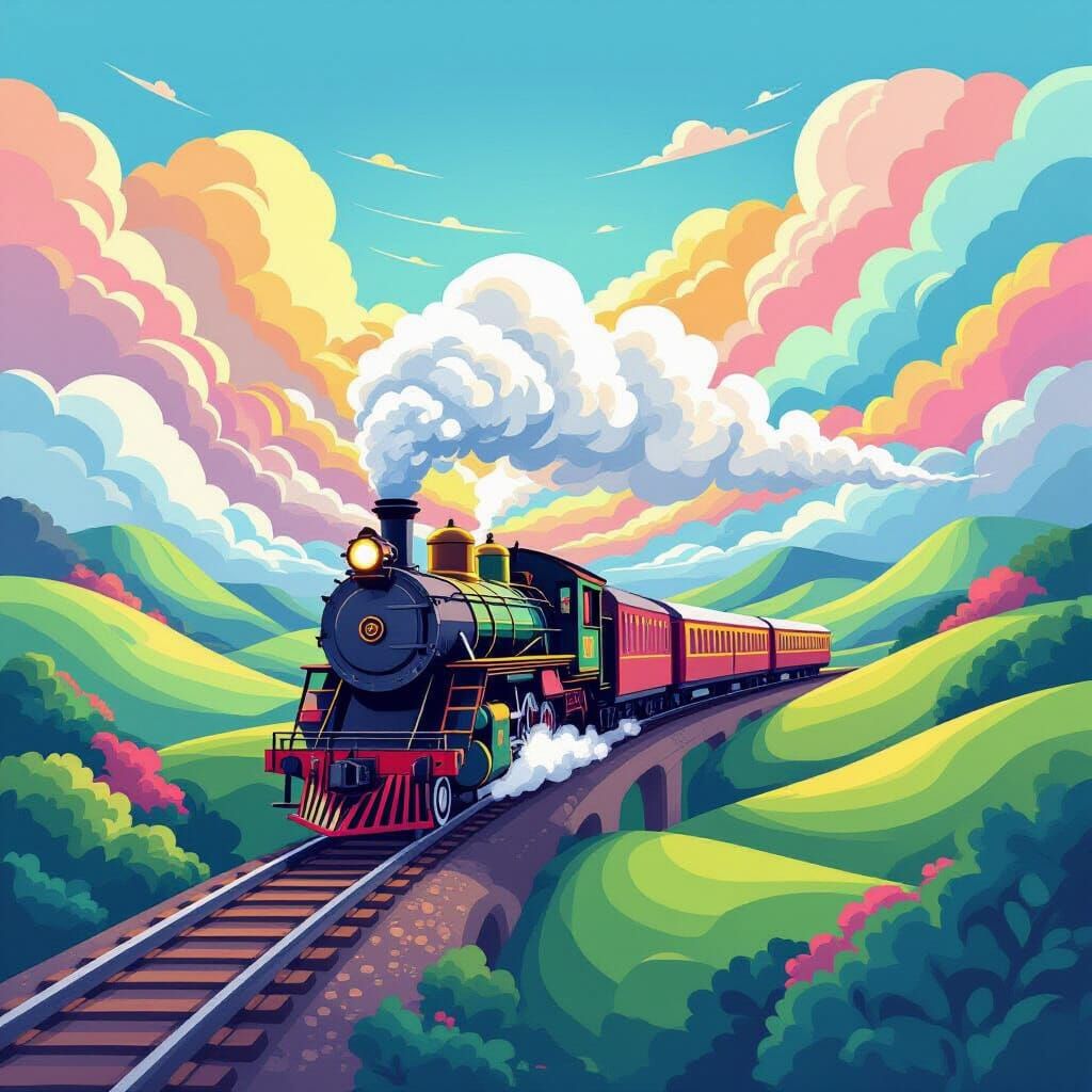 Whimsical Train Journey Through Colorful Clouds