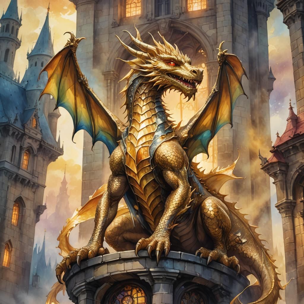 Gold Dragon on Belltower: Watercolour Fantasy Art