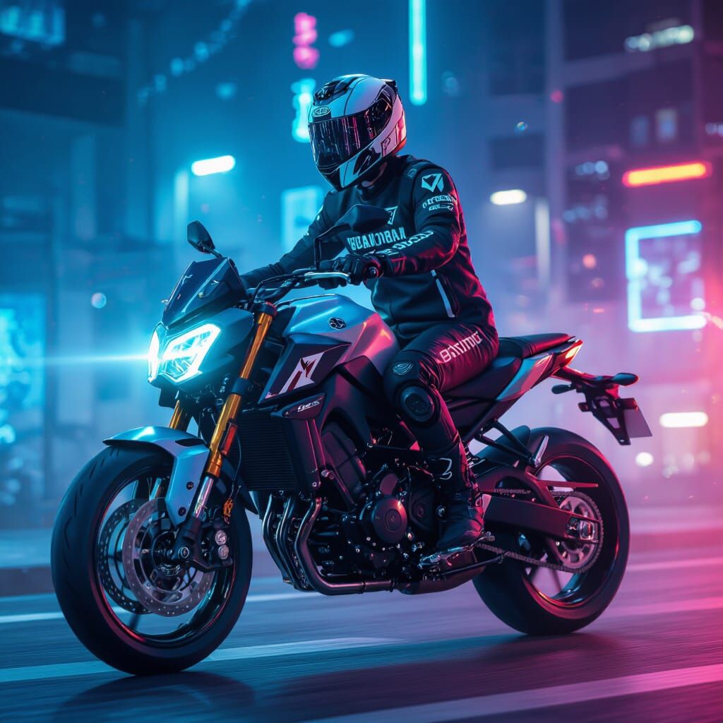 Futuristic Rider on Yamaha Motorcycle in Neon Style