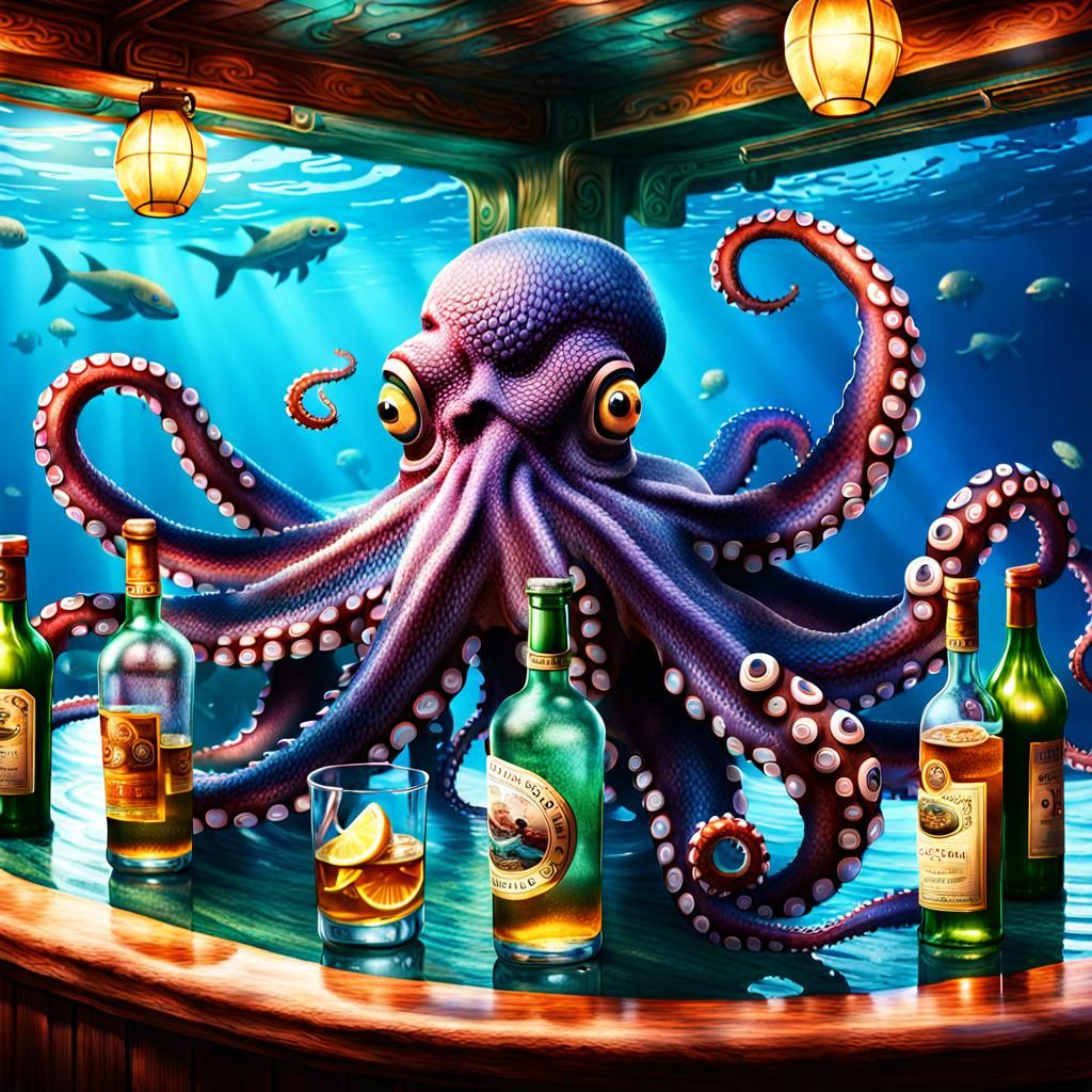 Octopus Bartender in Sunken Cruise Bar, Digital Illustration