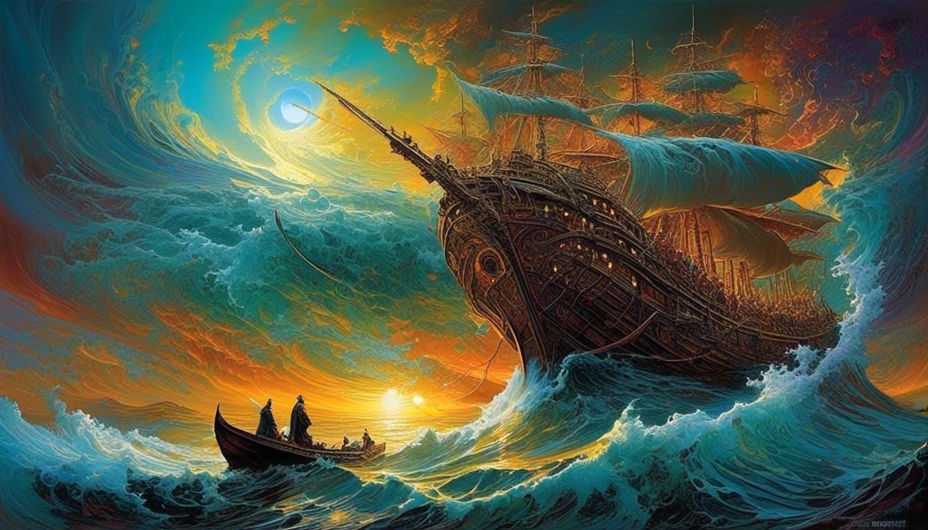 Psychedelic Dystopian Fantasy with Wooden Ships