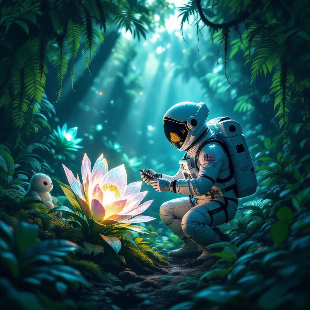 Astronaut Explores Alien Jungle With Bioluminescent Plants