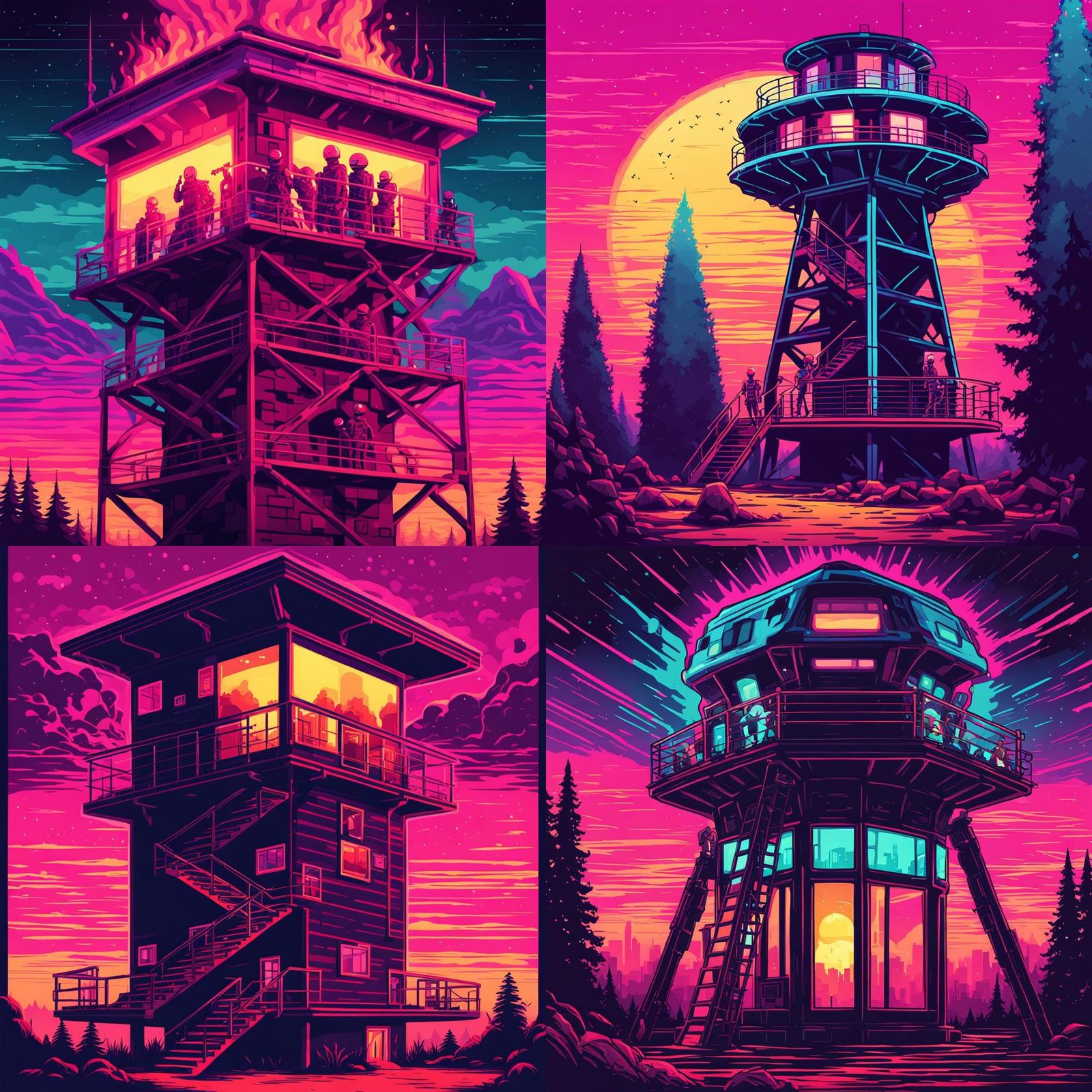 Aliens in Retrowave Fire Tower