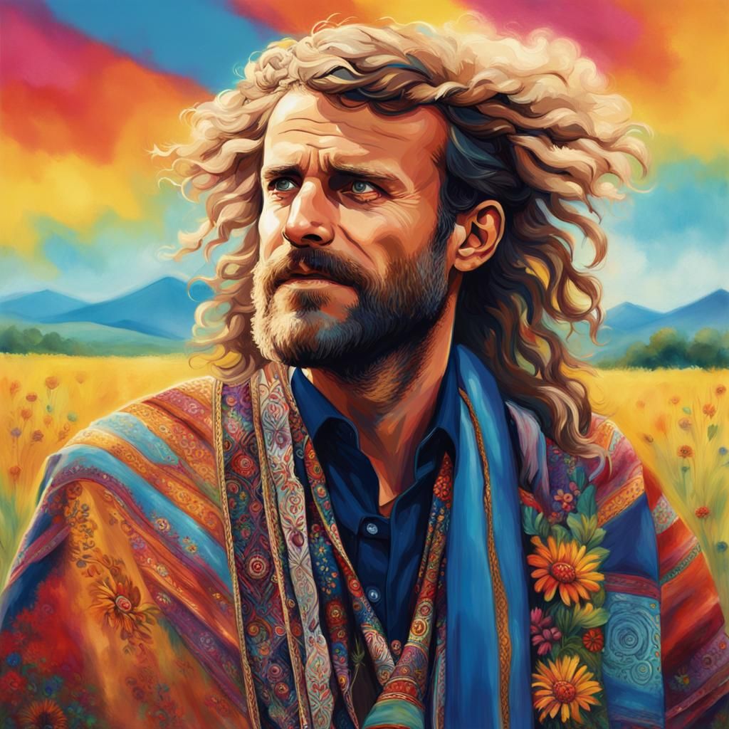 Hyperrealistic Emmanuel Macron as Woodstock Hippie