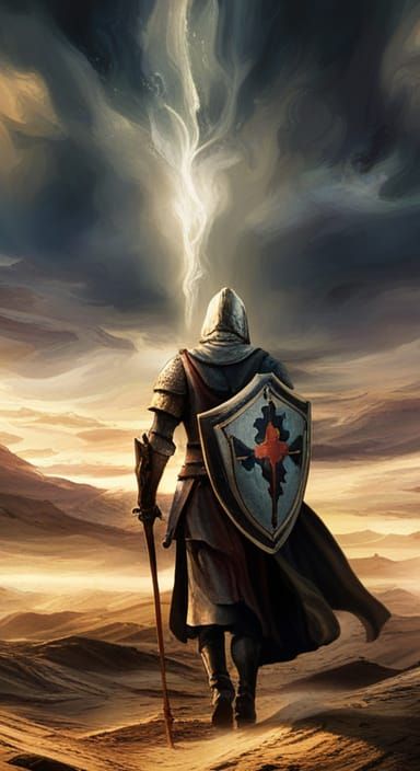 Knight with Flaming Sword in Dramatic Light