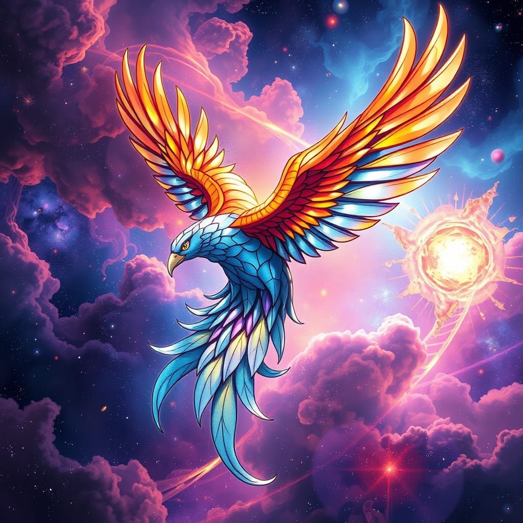Stained Glass Phoenix Soaring Through Nebula