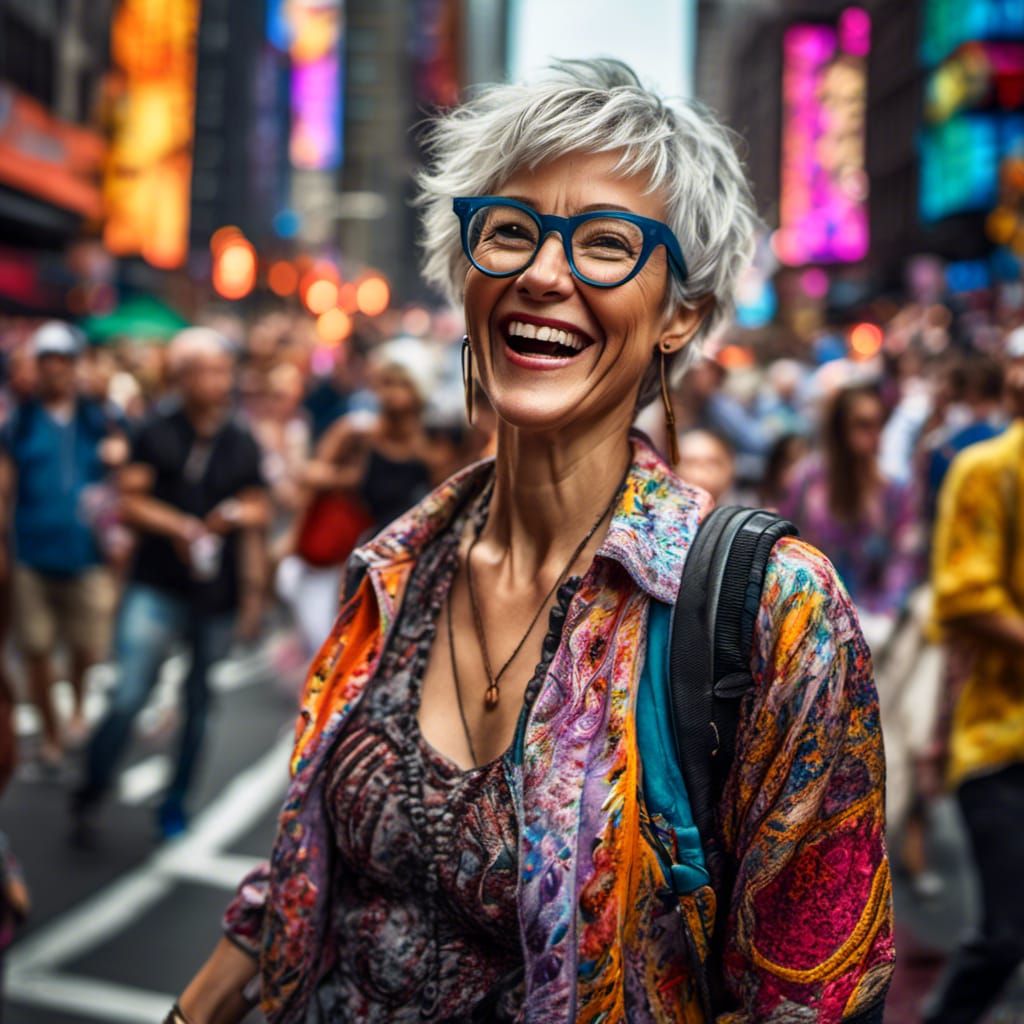 Woman Laughing on Crowded New York Street
