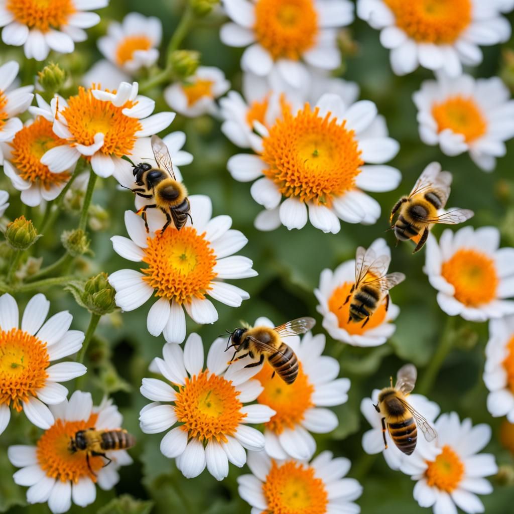 Bees Pollinating Pumpkin Flowers in Early Morning Light