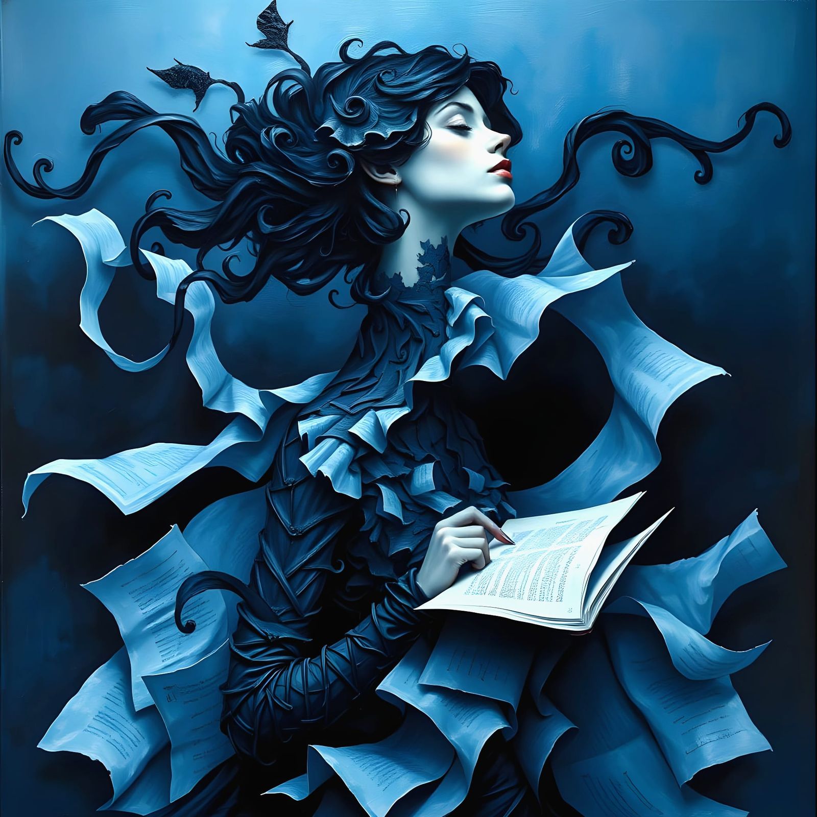 Writer Enveloped in Blue and Black Ink