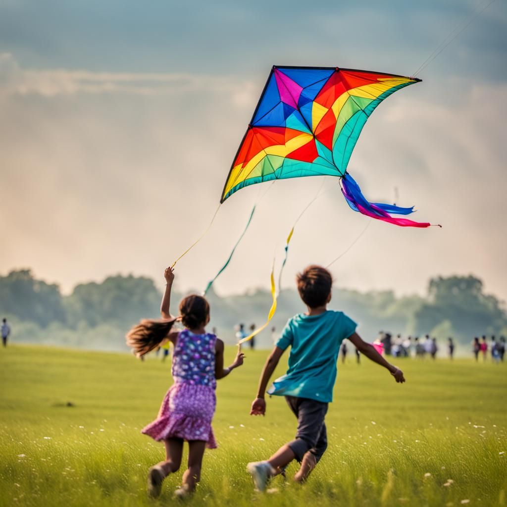 Children Flying Colorful Kites in a Meadow